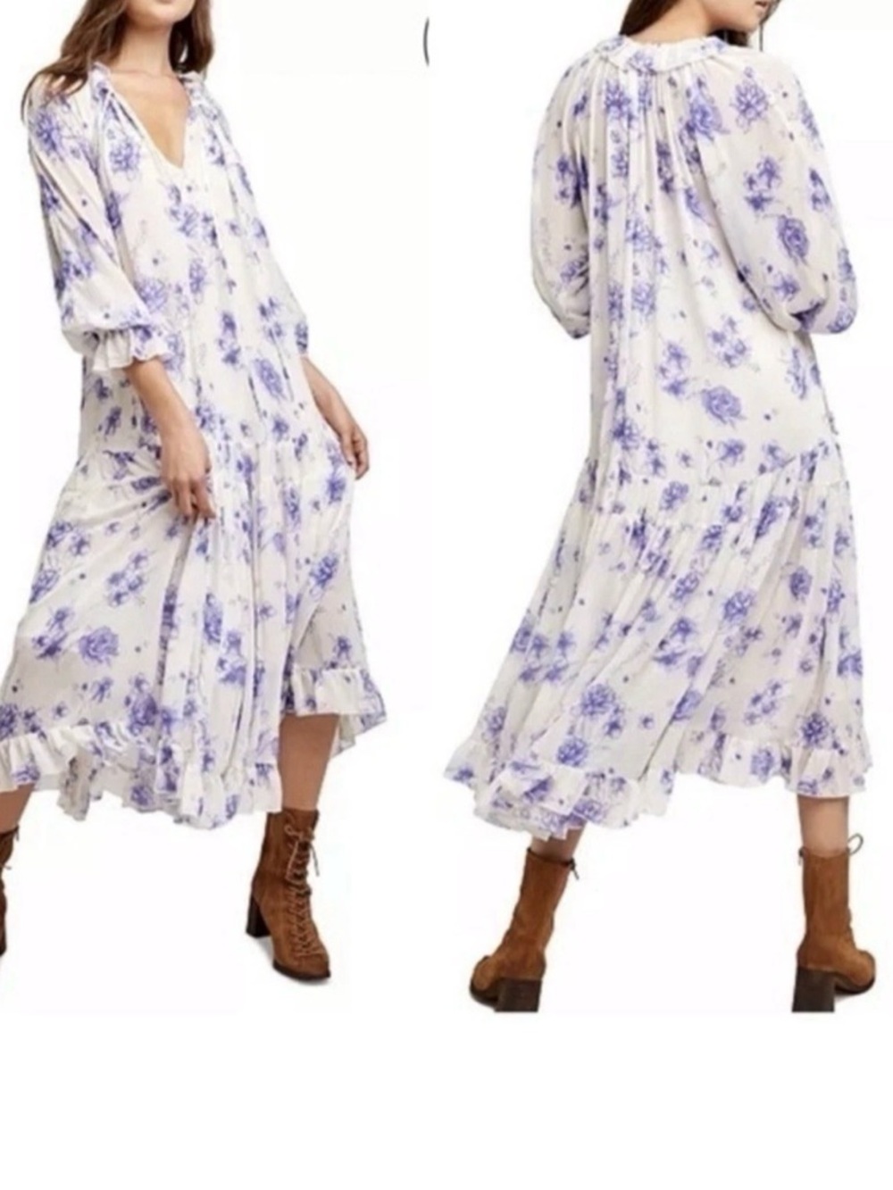 Free People M Ivory Purple Floral Puff Sleeves Dress Ruffle Frayed hem - Picture 10 of 11